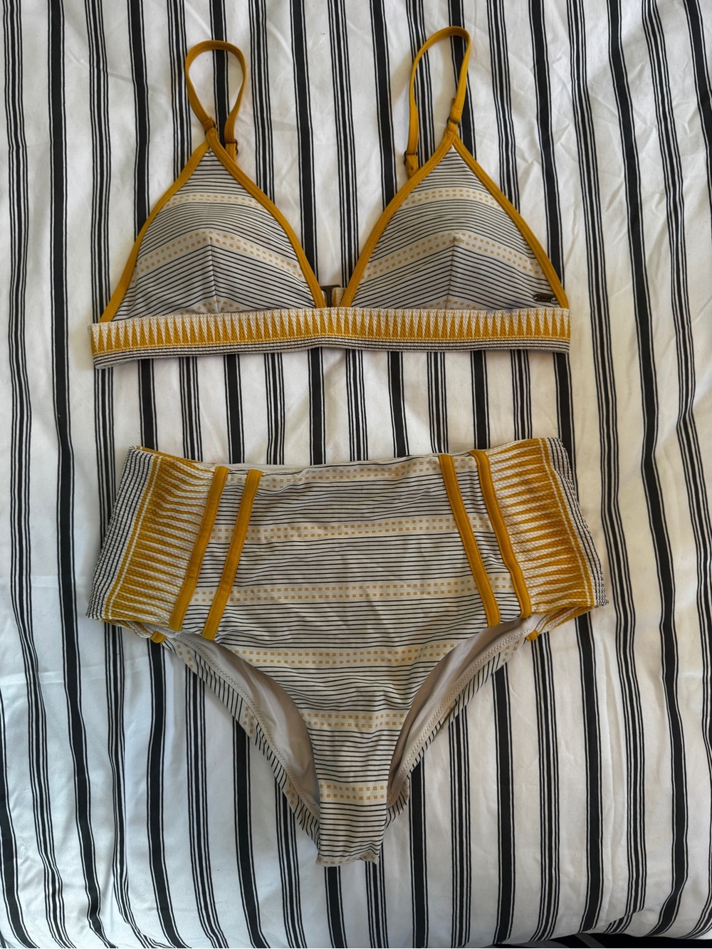 Rip Curl Mustard Yellow and Beige Striped High-Waist Bikini